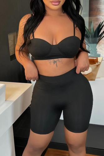 Black Sexy Solid Patchwork Spaghetti Strap Sleeveless Two Pieces