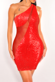 Red Sexy Patchwork Sequins One Shoulder Pencil Skirt Dresses