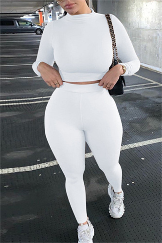 White Fashion Casual Solid Basic O Neck Long Sleeve Two Pieces