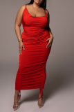 Red Sexy Solid Patchwork Spaghetti Strap Pencil Skirt Plus Size Dresses