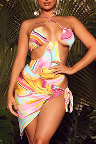 Colour Fashion Sexy Patchwork Print Bandage Backless Swimwears Set