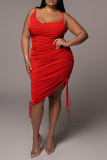 Red Sexy Solid Patchwork Spaghetti Strap Pencil Skirt Plus Size Dresses