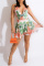 Orange Green Fashion Print Backless Strap Design Halter Sleeveless Two Pieces