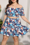Light Blue Vacation Print Patchwork Off the Shoulder Cake Skirt Plus Size Two Pieces