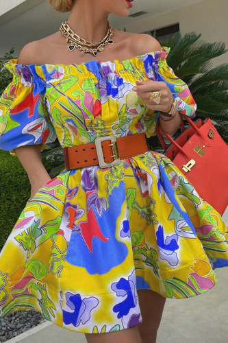 Yellow Casual Print Patchwork Off the Shoulder Cake Skirt Dresses