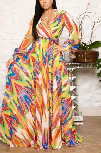 Orange Sexy V-neck Long Sleeve Chiffon Dress