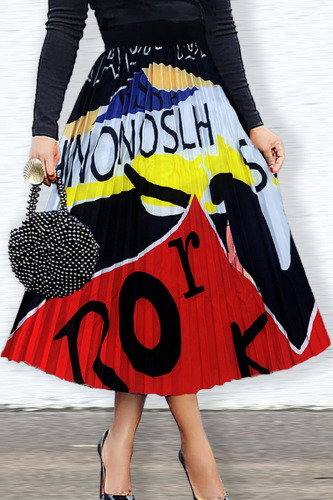 Red Fashion Casual Print Patchwork Fold High Waist Type A Full Print Bottoms