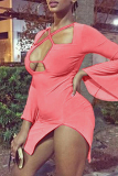 Pink Fashion Sexy Solid Hollowed Out V Neck Long Sleeve Dresses