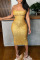 Gold Sexy Solid Sequins Split Joint Backless Spaghetti Strap One Step Skirt Dresses