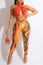 Tangerine Sexy Print Bandage Patchwork Backless Asymmetrical Halter Sleeveless Two Pieces