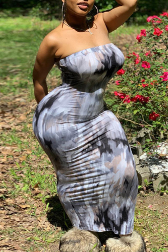 Grey Plus Size Fashion Sexy Print Tie Dye Strapless Dress Plus Size Dresses