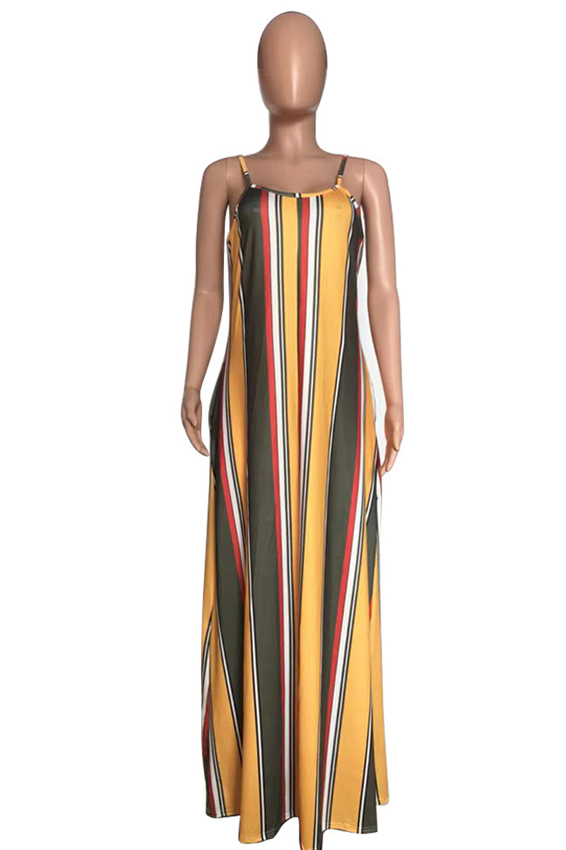 Wholesale Yellow Sexy Casual Striped Print Backless Spaghetti Strap Long Dress Dresses K43808 1 0736