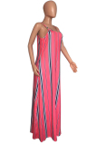 Rose Red Sexy Casual Striped Print Backless Spaghetti Strap Long Dress Dresses