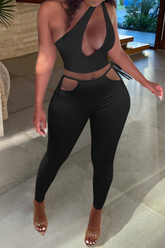 Black Fashion Sexy Solid Hollowed Out Backless One Shoulder Sleeveless Two Pieces