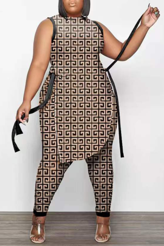 Coffee Sexy Print Patchwork O Neck Sleeveless Two Pieces
