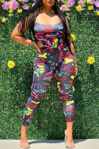 Black Fashion Sexy Print Hollowed Out Backless Spaghetti Strap Skinny Jumpsuits