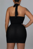 Black Sexy Patchwork Hot Drilling Bandage Hollowed Out Backless Halter Sleeveless Dress