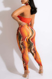 Tangerine Sexy Print Bandage Patchwork Backless Asymmetrical Halter Sleeveless Two Pieces