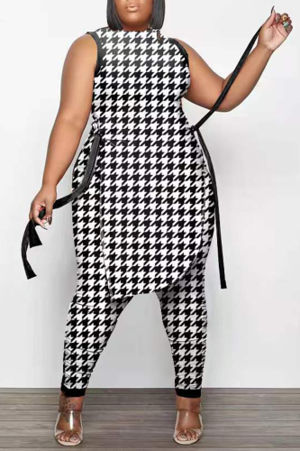 Black Sexy Print Patchwork O Neck Sleeveless Two Pieces