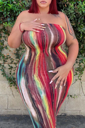 Orange Plus Size Fashion Sexy Print Tie Dye Strapless Dress Plus Size Dresses