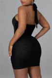 Black Sexy Patchwork Hot Drilling Bandage Hollowed Out Backless Halter Sleeveless Dress