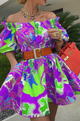 Purple Casual Print Patchwork Off the Shoulder Cake Skirt Dresses