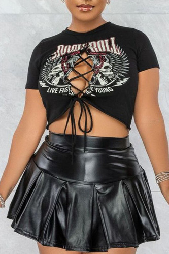 Black Fashion Sexy Print Hollowed Out Patchwork Frenulum O Neck Short Sleeve Two Pieces