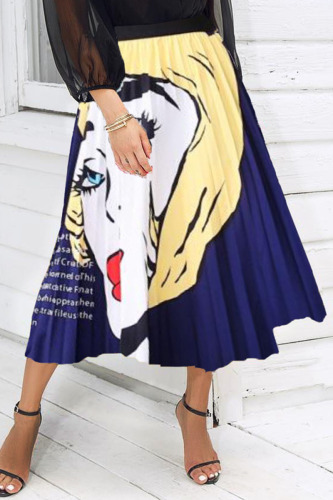Tibetan Blue Fashion Casual Print Patchwork Fold High Waist Type A Full Print Bottoms