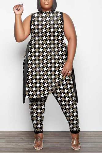 Dark Coffee Sexy Print Patchwork O Neck Sleeveless Two Pieces