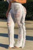 White Sexy Solid Tassel Hollowed Out Patchwork Straight High Waist Straight Solid Color Bottoms