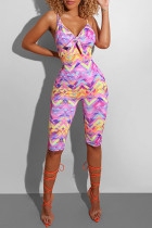 Purple Fashion Sexy Print Backless V Neck Skinny Romper
