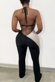 Black Fashion Sexy Patchwork Bandage Backless Halter Skinny Jumpsuits