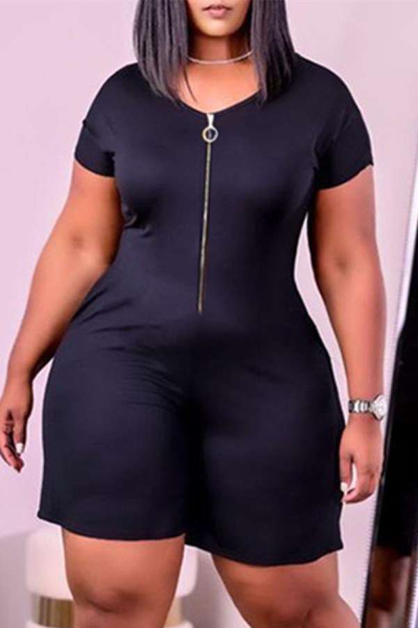 Black Fashion Casual Solid Patchwork Zipper O Neck Short Sleeve Skinny Romper