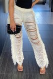 Coffee Sexy Solid Tassel Hollowed Out Patchwork Straight High Waist Straight Solid Color Bottoms