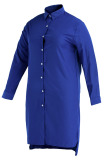 Blue Casual Solid Patchwork Buckle Turndown Collar Shirt Dress Plus Size Dresses
