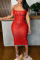 Red Sexy Solid Sequins Patchwork Backless Spaghetti Strap One Step Skirt Dresses