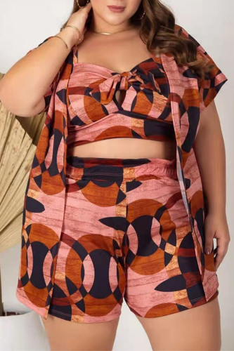 Red Fashion Print Patchwork Square Collar Plus Size Three Pieces