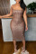 Brown Sexy Solid Sequins Patchwork Backless Spaghetti Strap One Step Skirt Dresses