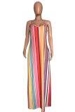 Rose Red Sexy Casual Striped Print Backless Spaghetti Strap Long Dress Dresses