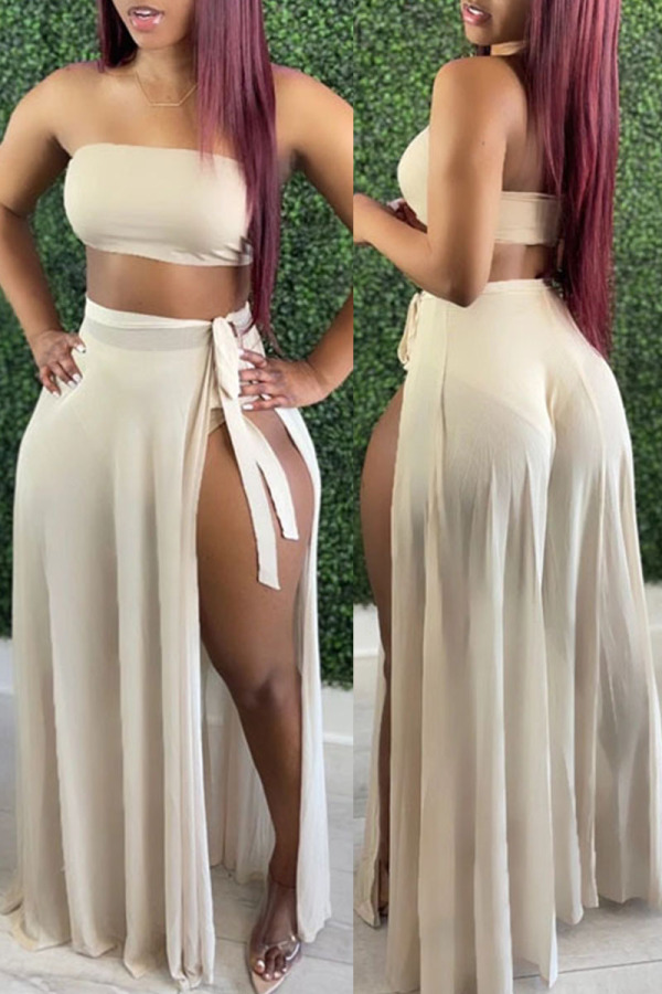 Apricot Sexy Solid Patchwork See-through Slit Strapless Sleeveless Three Pieces