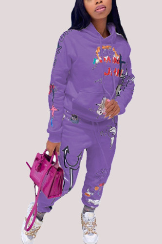 purple Fashion Casual Adult Print Patchwork Hooded Collar Long Sleeve Regular Sleeve Regular Two Pieces
