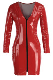 Red Sexy High Elastic Deep V-Neck Imitation PU Dress