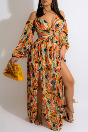 Colour Fashion Sexy Vacation Color Lump Print High Opening V Neck A Line Dresses