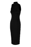 Black Sexy Casual Solid Vests Turtleneck Sleeveless Dress
