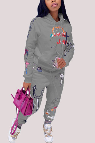 Grey Fashion Casual Adult Print Patchwork Hooded Collar Long Sleeve Regular Sleeve Regular Two Pieces
