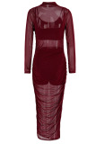 Red Sexy Solid Patchwork O Neck Wrapped Skirt Dresses