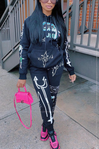 Black Fashion Casual Adult Print Patchwork Hooded Collar Long Sleeve Regular Sleeve Regular Two Pieces