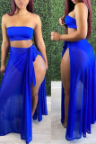 Blue Sexy Solid Patchwork See-through Slit Strapless Sleeveless Three Pieces