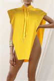 Yellow Fashion Casual Solid Asymmetrical Hooded Collar Tops