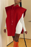 Red Fashion Casual Solid Asymmetrical Hooded Collar Tops